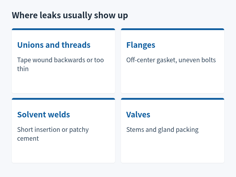 Four common leak points in a dosing line test: unions and threads, flanges, solvent welds, valve stems