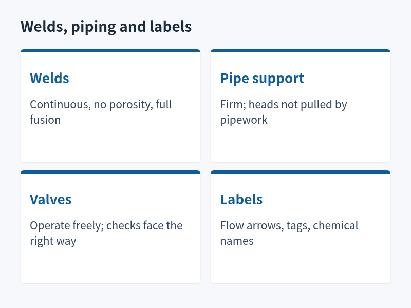 Four dosing skid inspection checks on welds, pipe support, valves and labels