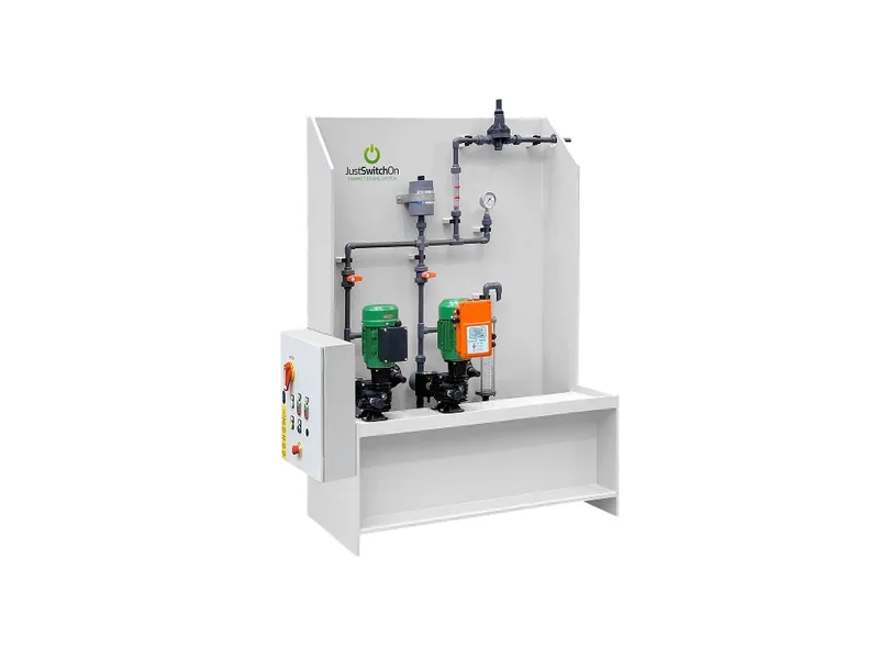 Doseuro JSO pre-engineered skid with two pumps on a PP frame, a typical candidate for dosing system heat tracing