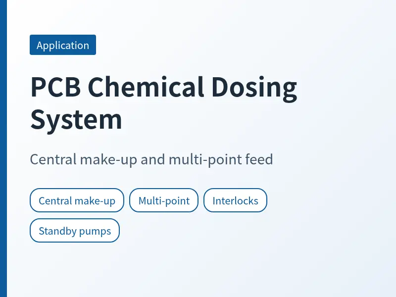 Cover for PCB chemical dosing system listing central make-up, multi-point feed, interlocks and standby pumps